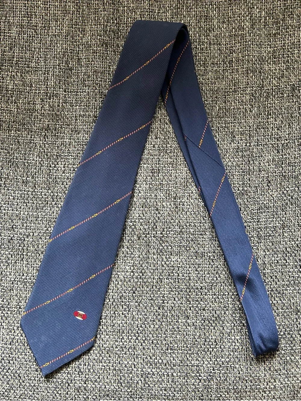 Vintage 80s Gucci 100% Silk Tie Navy Blue Diagonal Stripe Made in Italy